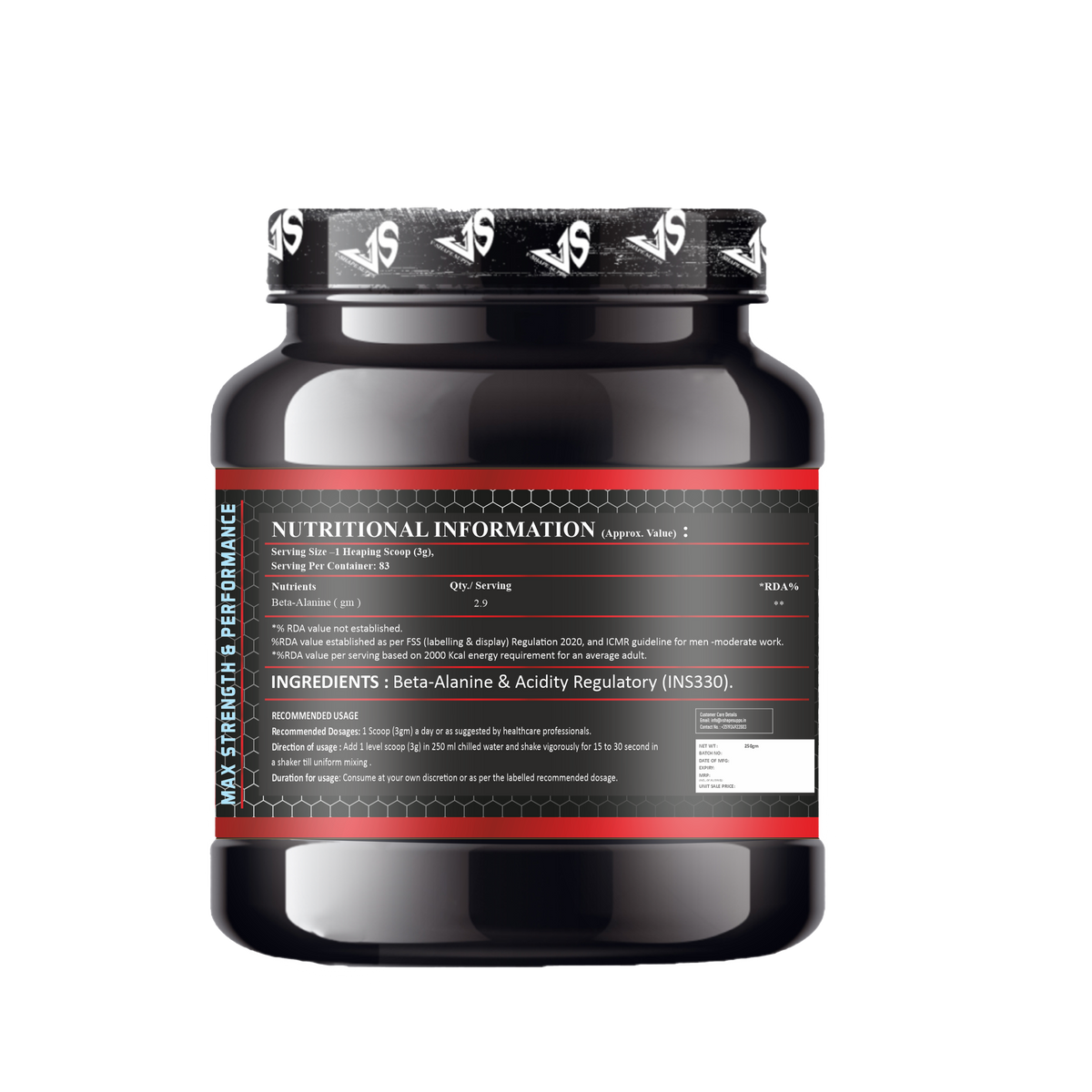 V-SHAPE Beta Alanine 250Gm, 83 Servings - V-Shape Supps