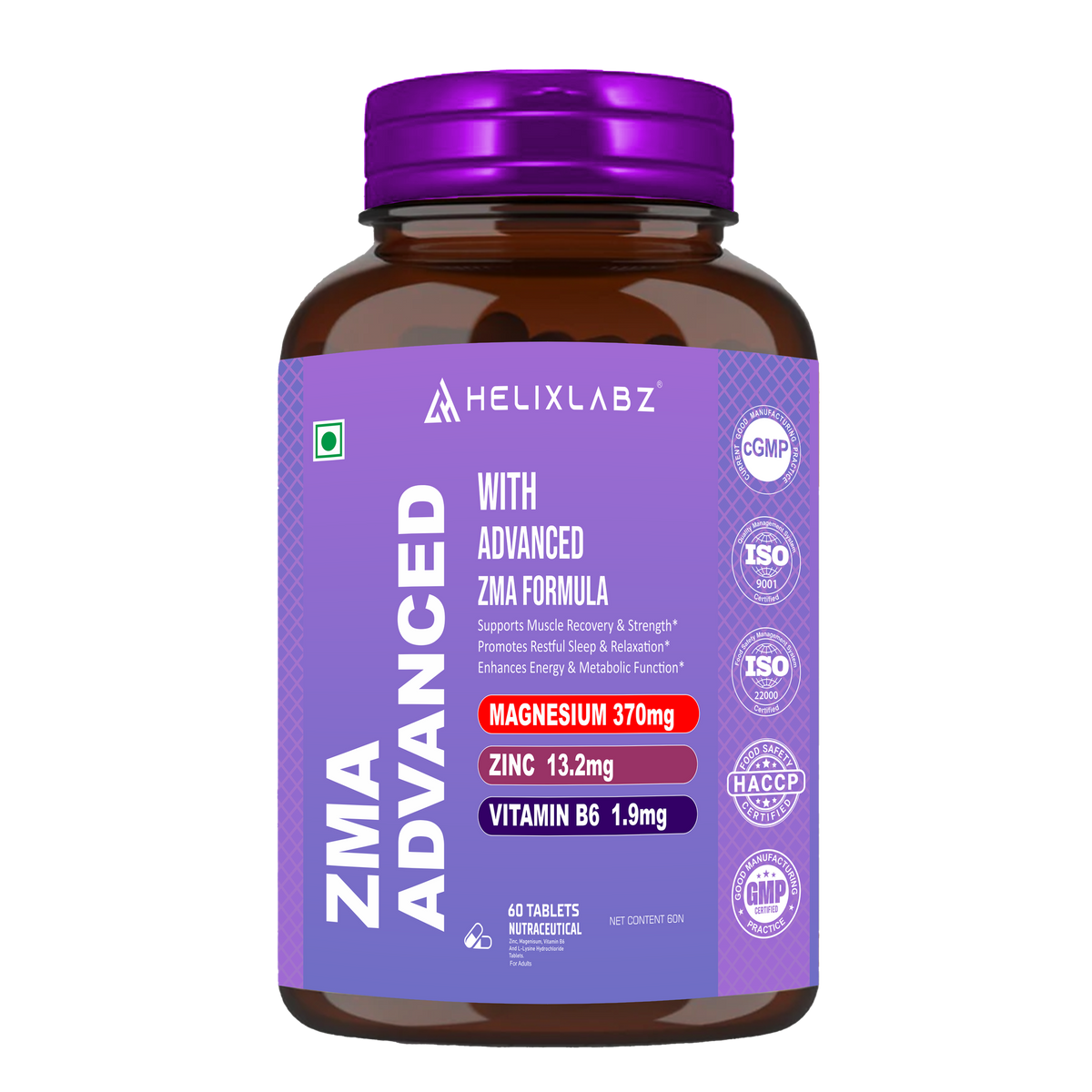 HelixLabz ZMA Advanced – Zinc, Magnesium & Vitamin B6 Supplement | Muscle Recovery, Strength & Sleep Support | 60 Tablets