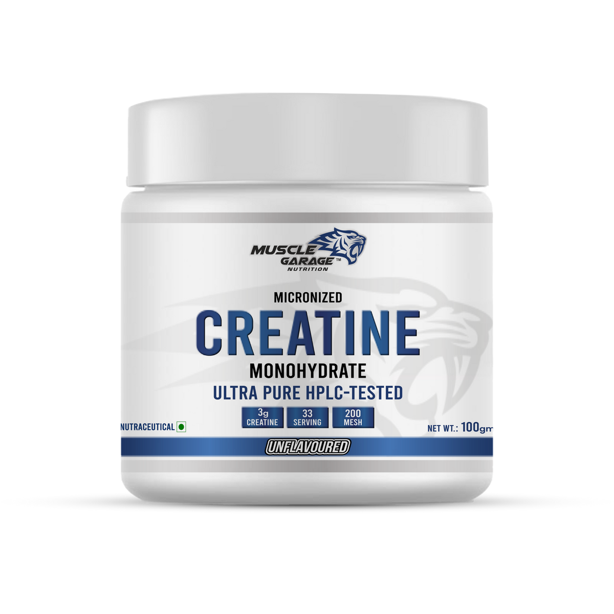 Jar of Muscle Garage Creatine Monohydrate on a white background