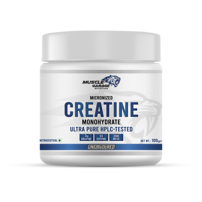 Jar of Muscle Garage Creatine Monohydrate on a white background