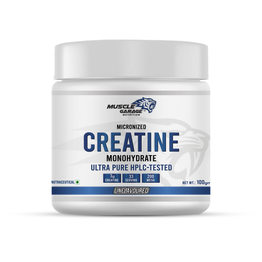 Jar of Muscle Garage Creatine Monohydrate on a white background