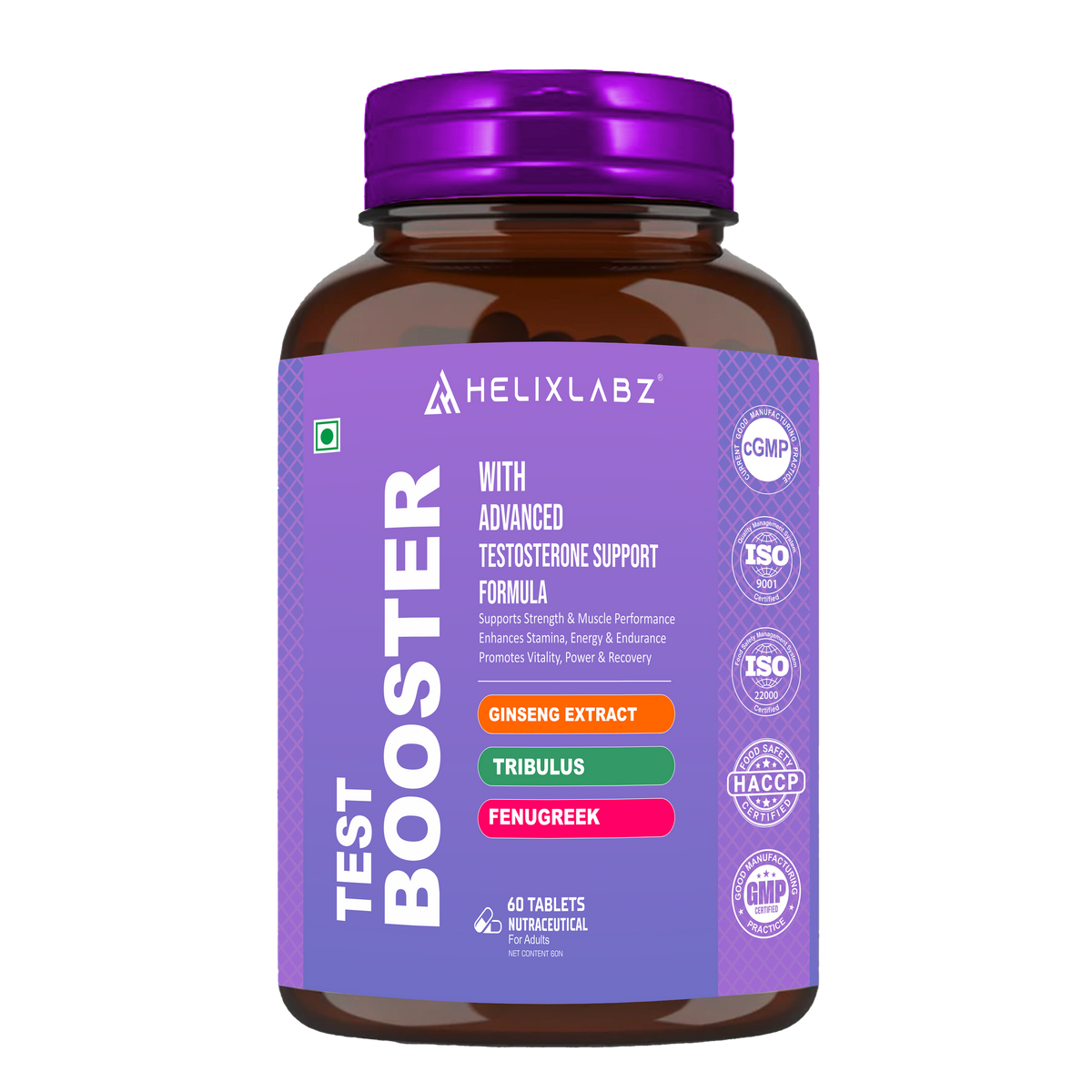 Helixlabz Test Booster Tablets for Men – Advanced Testosterone Support with Ginseng, Tribulus & Fenugreek (60 Tablets)