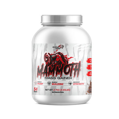Mass gainer supplement container with 'Mammoth' branding on a white background