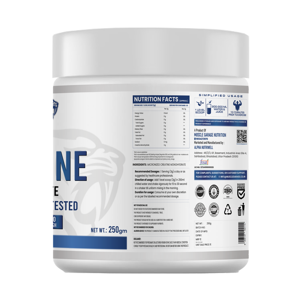 MG Creatine Monohydrate Powder – 250g (Unflavoured) | Ultra Pure HPLC-Tested