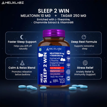 Helixlabz Sleep 2 Win Tablets – Melatonin 10 mg + Tagar 250 mg with L-Theanine, Chamomile & Vitamin B6 (60 Tablets)