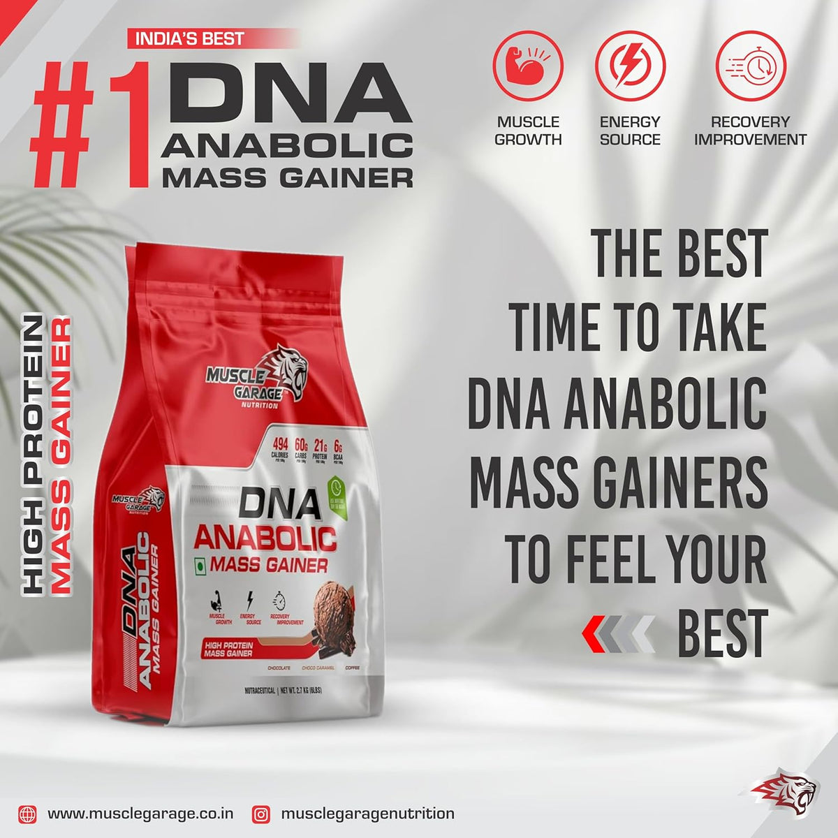 Red and white package of DNA Anabolic Mass Gainer with promotional text on a gray background