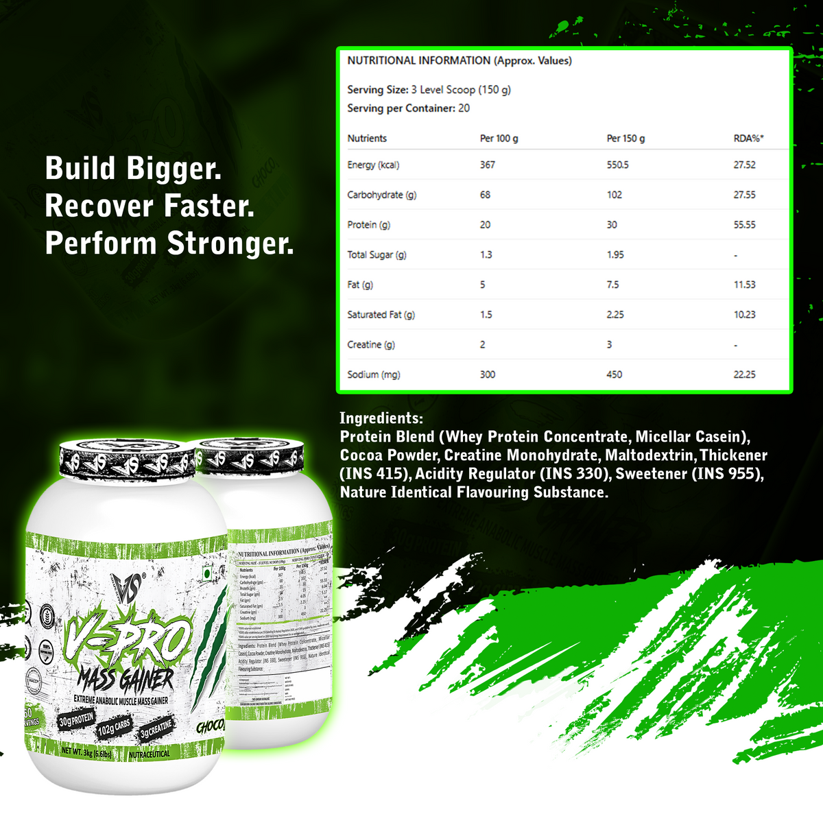V-SHAPE V-Pro Mass Gainer- 3Kg(6.6Lbs), 66 Servings - V-Shape Supps