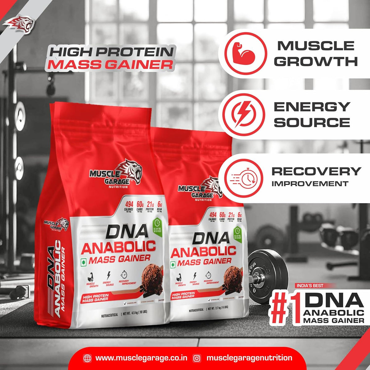 Two DNA Anabolic Mass Gainer packages with gym equipment in the background
