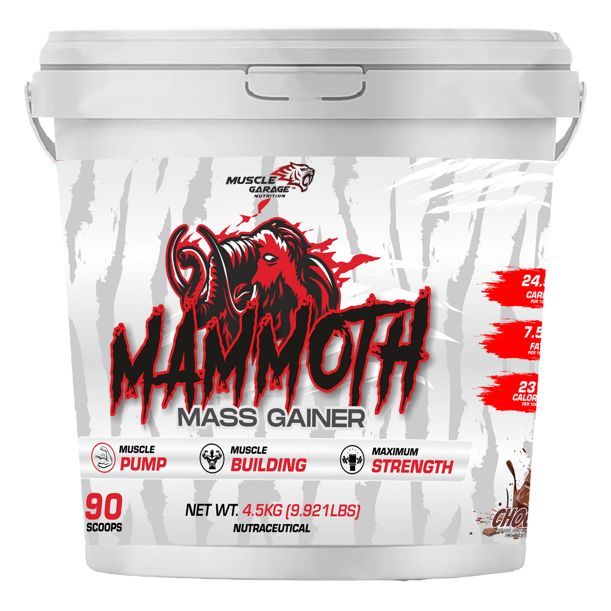 Mammoth Mass Gainer supplement container with red and black design on a white background