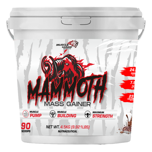 Mammoth Mass Gainer supplement container with red and black design on a white background
