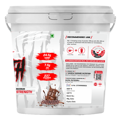 White protein powder container with red and black text on a white background