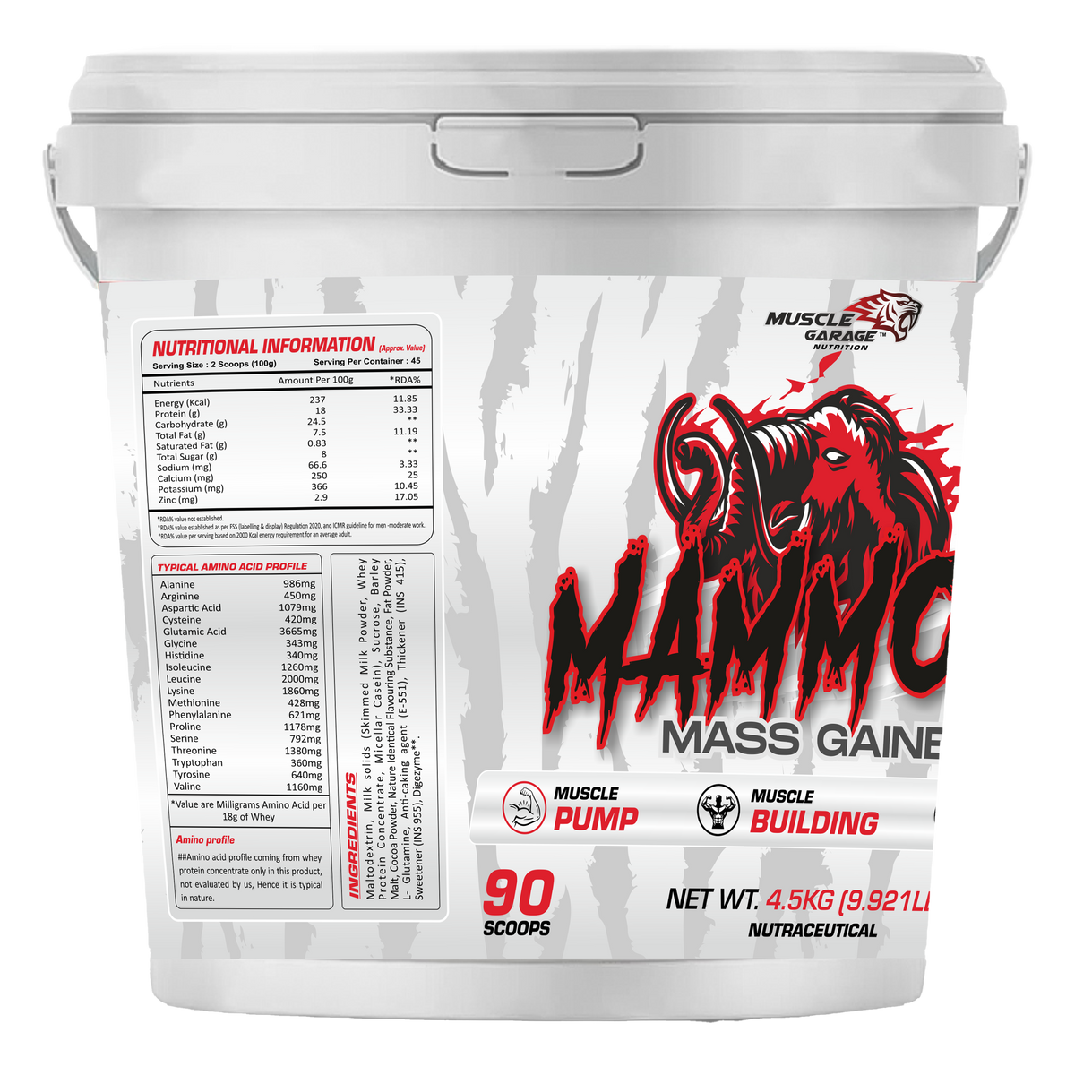 Mass gain supplement container with red and black design on a white background