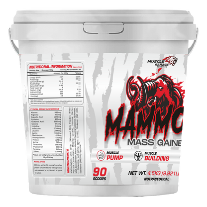 Mass gain supplement container with red and black design on a white background