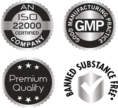Four certification badges indicating ISO 22000, GMP, Premium Quality, and Banned Substance Free.