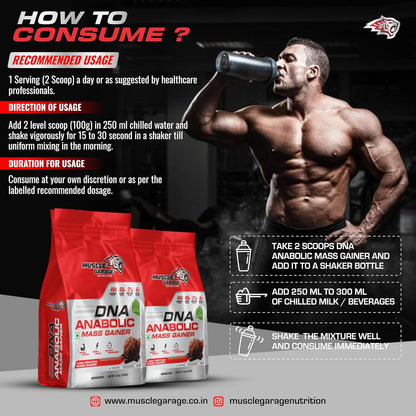Muscle building supplement with usage instructions and packaging on a dark background