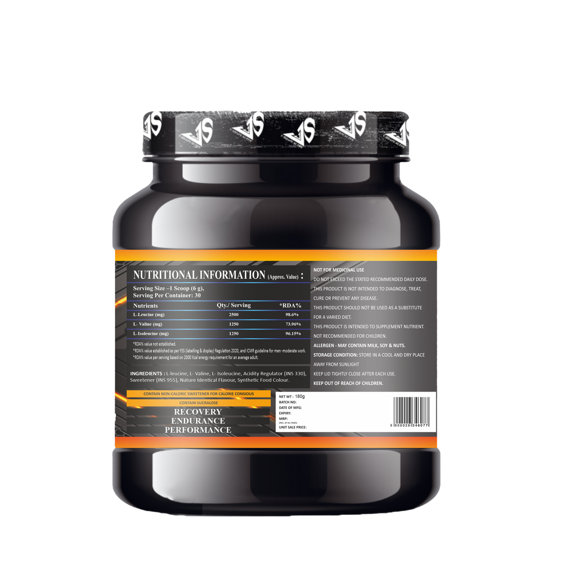 V-SHAPE Supps BCAA 2:1:1 (180Gm, 30 Servings) - V-Shape Supps