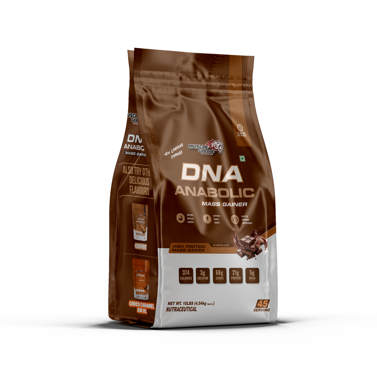 Brown package of DNA Anabolic Mass Gainer on a white background