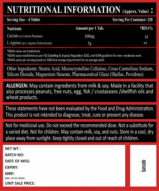 V-Shape Supps L-Arginine 500mg- 120 Tablets - V-Shape Supps