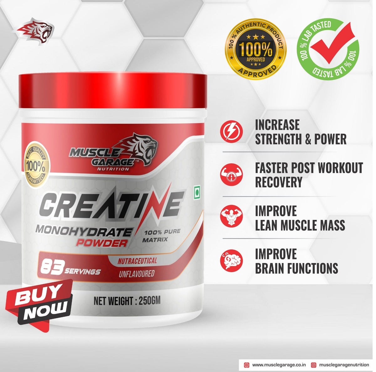 MG Creatine Monohydrate Powder – 250g (Unflavoured) | Ultra Pure HPLC-Tested