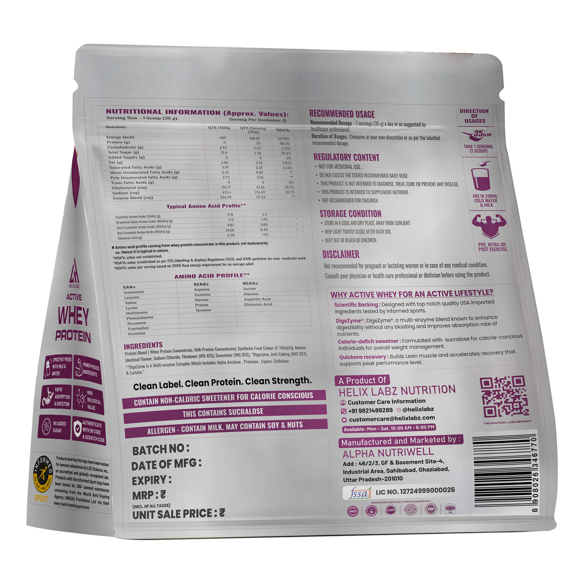 HelixLabz Active Whey Protein | Informed Sport Certified - 900Gm (2Lbs), 25 Servings