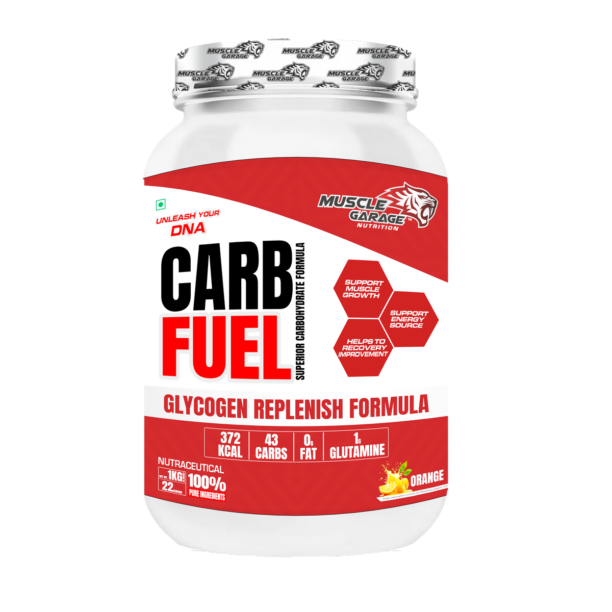 Container of Muscle Garage Carb Fuel supplement on a white background
