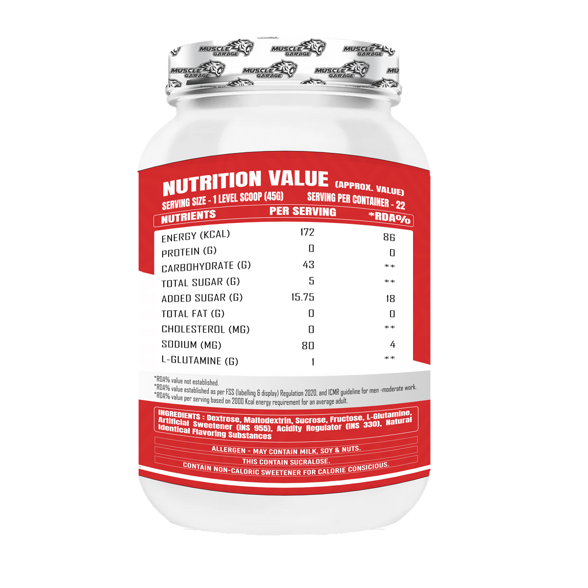 Nutrition label on a supplement container with a white background