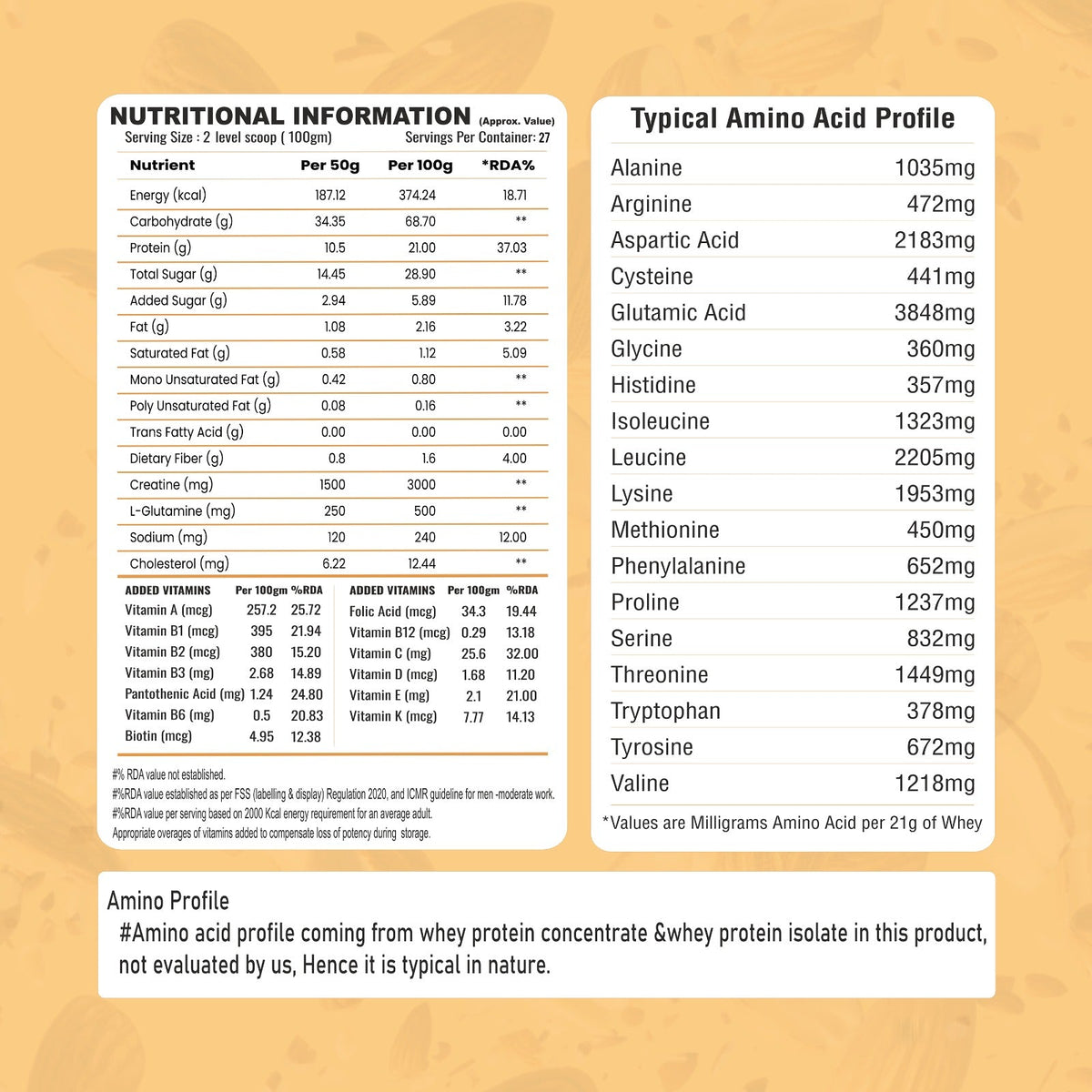 Nutritional information and amino acid profile label on a yellow background