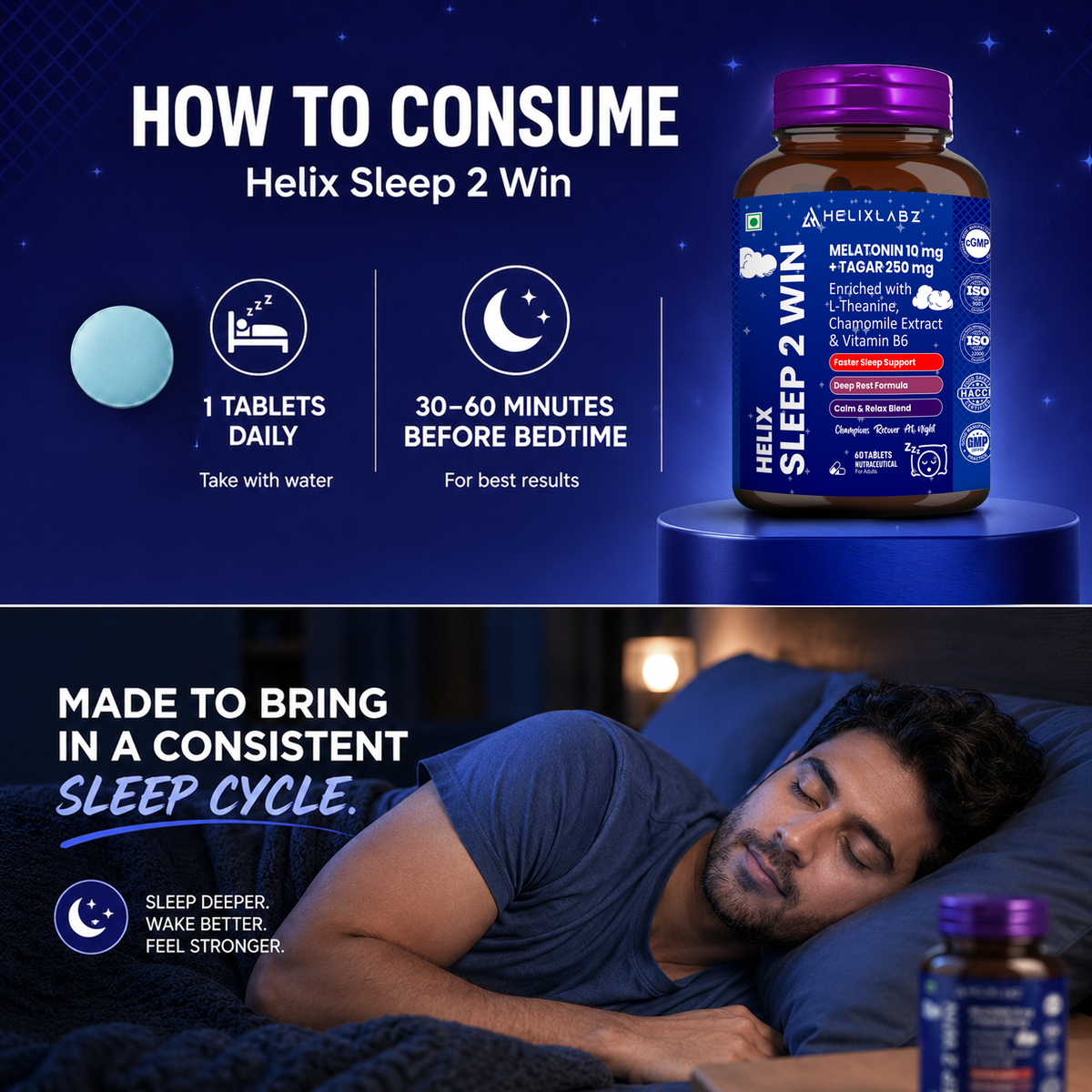 Helixlabz Sleep 2 Win Tablets – Melatonin 10 mg + Tagar 250 mg with L-Theanine, Chamomile & Vitamin B6 (60 Tablets)