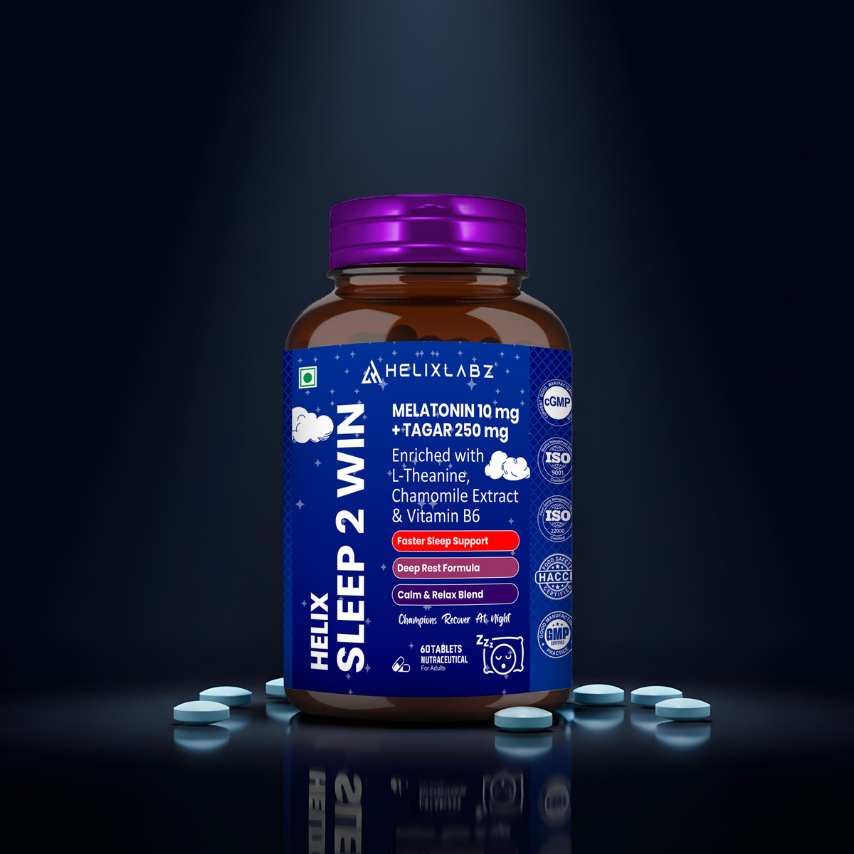 Helixlabz Sleep 2 Win Tablets – Melatonin 10 mg + Tagar 250 mg with L-Theanine, Chamomile & Vitamin B6 (60 Tablets)