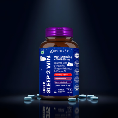 Helixlabz Sleep 2 Win Tablets – Melatonin 10 mg + Tagar 250 mg with L-Theanine, Chamomile & Vitamin B6 (60 Tablets)