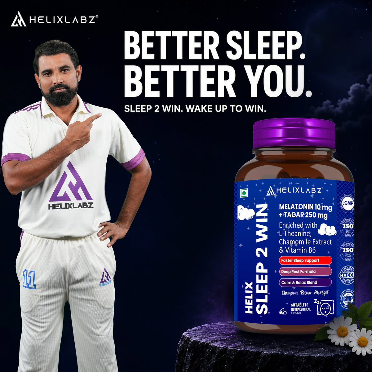 Helixlabz Sleep 2 Win Tablets – Melatonin 10 mg + Tagar 250 mg with L-Theanine, Chamomile & Vitamin B6 (60 Tablets)